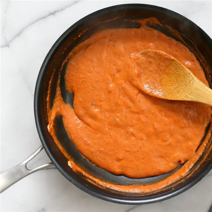 Indian Butter Sauce in black skillet for Butter Tofu Paneer